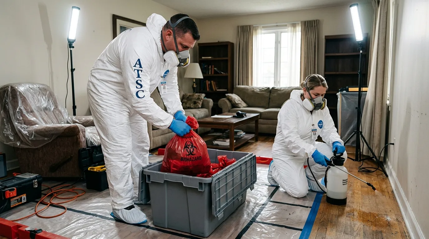 Professional Hoarding Cleanup technician in full PPE working in White House